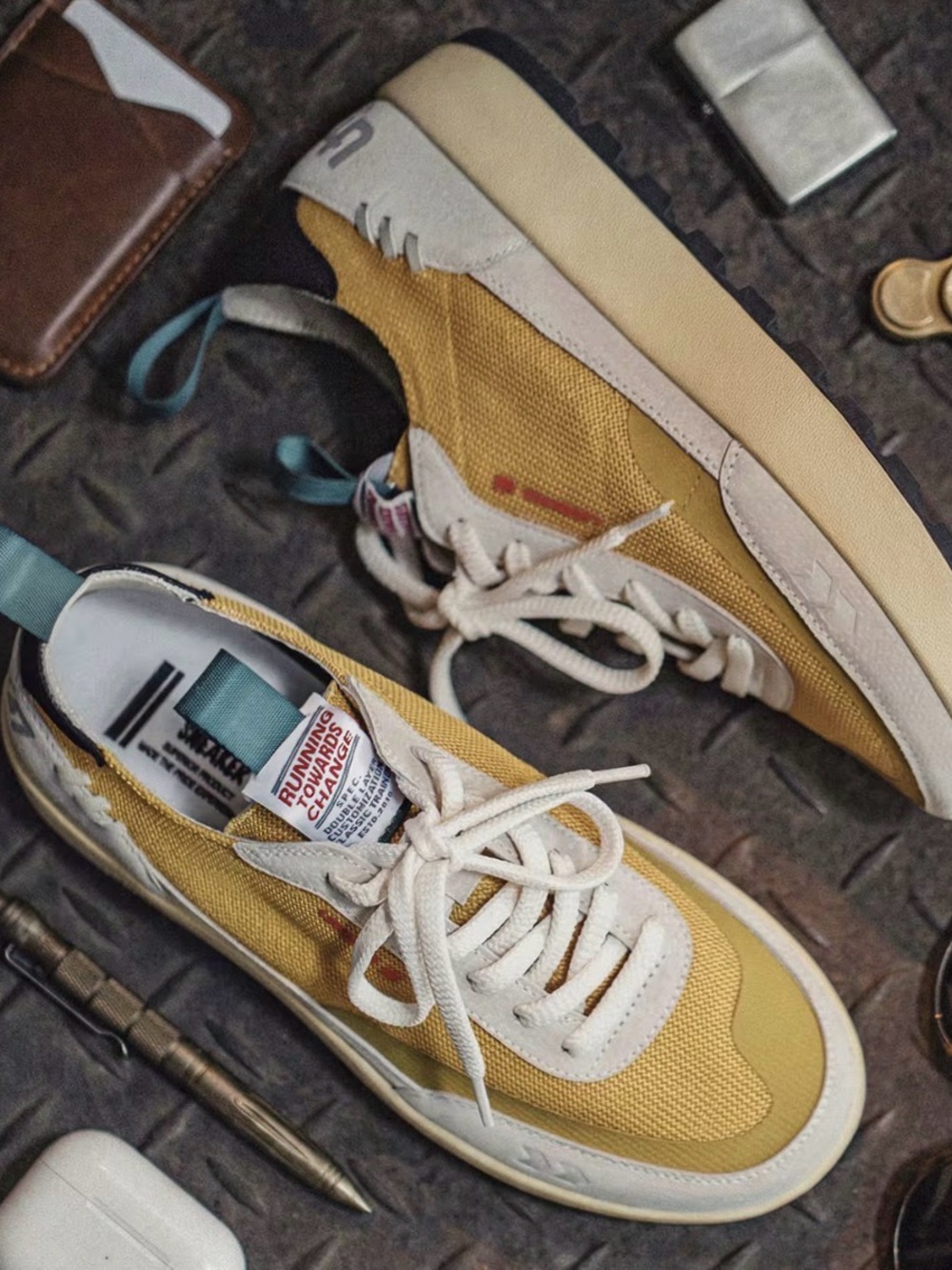 Men's Low-Top Sneakers in Mustard Yellow and Cream